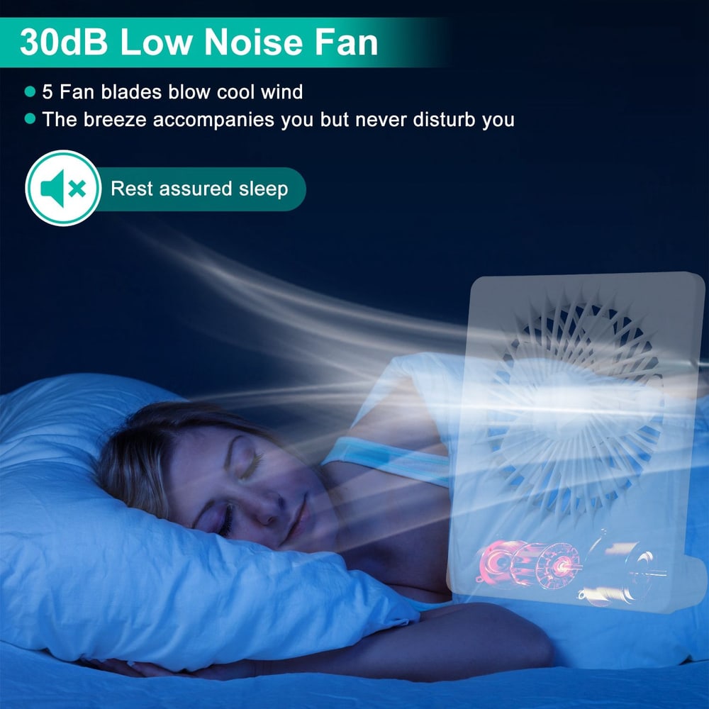 30dB low noise fan blowing cool air for restful sleep, featuring 5 fan blades designed to enhance comfort without disturbance.