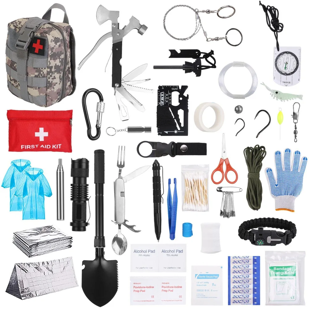 Survival gear and first aid kit including a camouflage backpack, multi-tool, flashlight, shovel, gloves, survival blanket, and various medical supplies for emergency preparedness.
