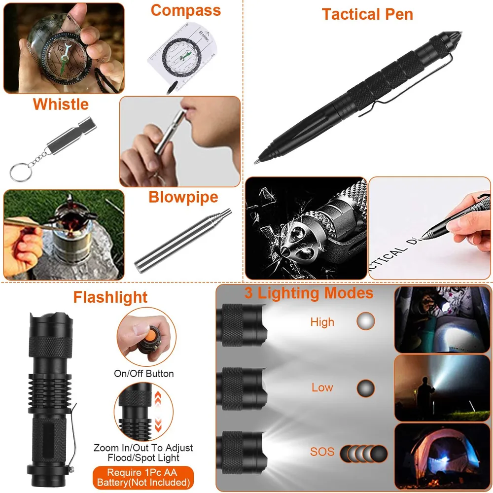 A versatile tactical pen with a built-in flashlight, whistle, compass, and blowpipe, showcasing three lighting modes (high, low, SOS) for emergency situations, ideal for outdoor enthusiasts and survivalists.