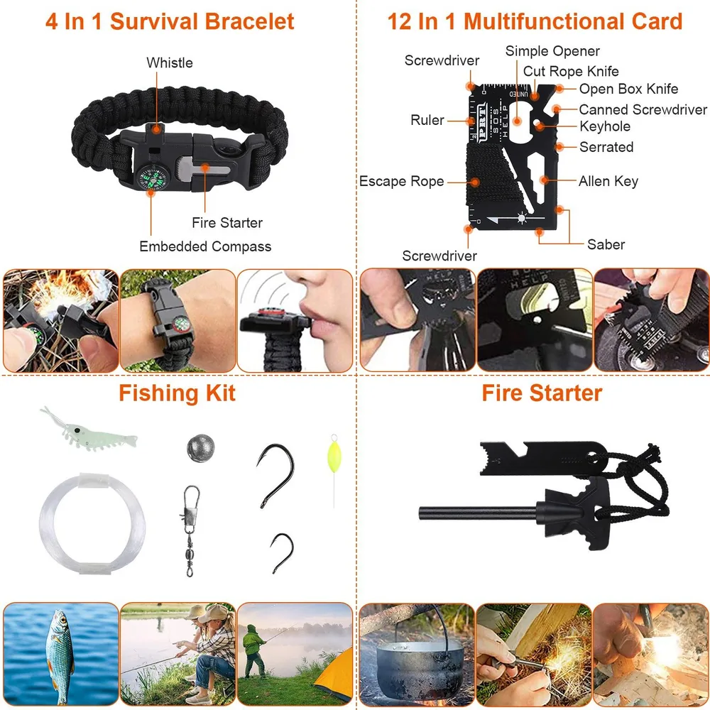 Survival gear featuring a 4-in-1 survival bracelet with embedded compass, fire starter, and whistle, alongside a 12-in-1 multifunctional card with various tools, a fishing kit, and a fire starter tool for outdoor adventures.