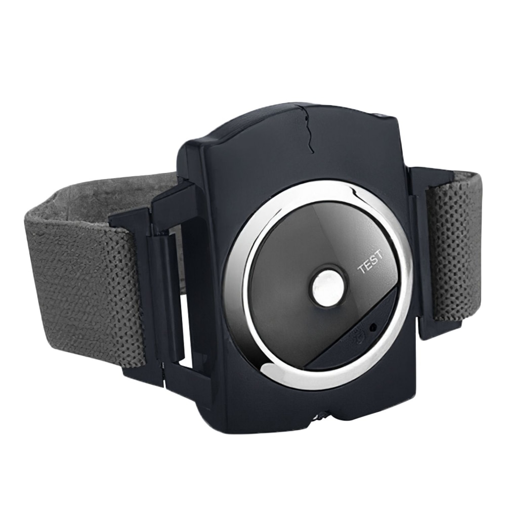Black and silver smartwatch with a test button, featuring a sleek design and a grey strap, ideal for fitness tracking and daily wear.