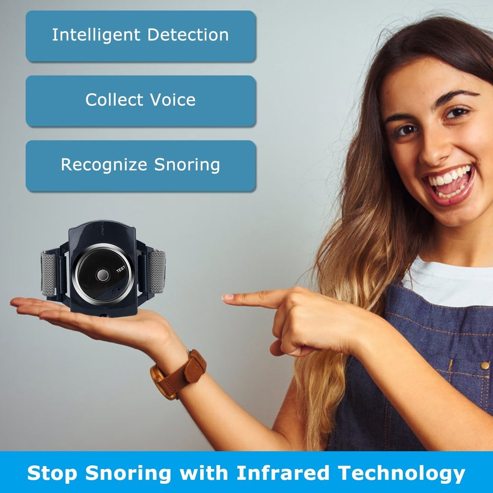 Snoring prevention device held in a hand, featuring intelligent detection, voice collection, and snoring recognition capabilities, with a clear blue background illustrating its benefits.