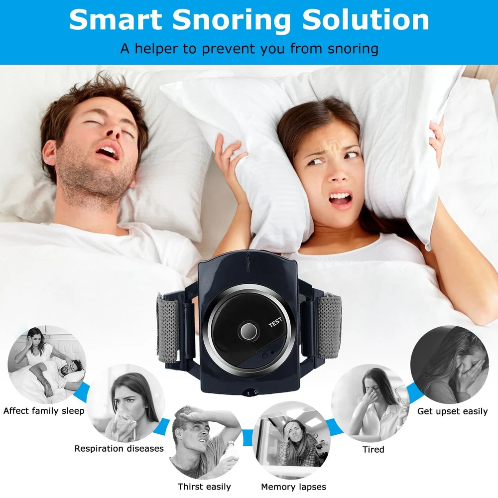 Smart Snoring Solution device positioned between a couple in bed, designed to reduce snoring and improve sleep quality, featuring adjustable straps and a central control panel.