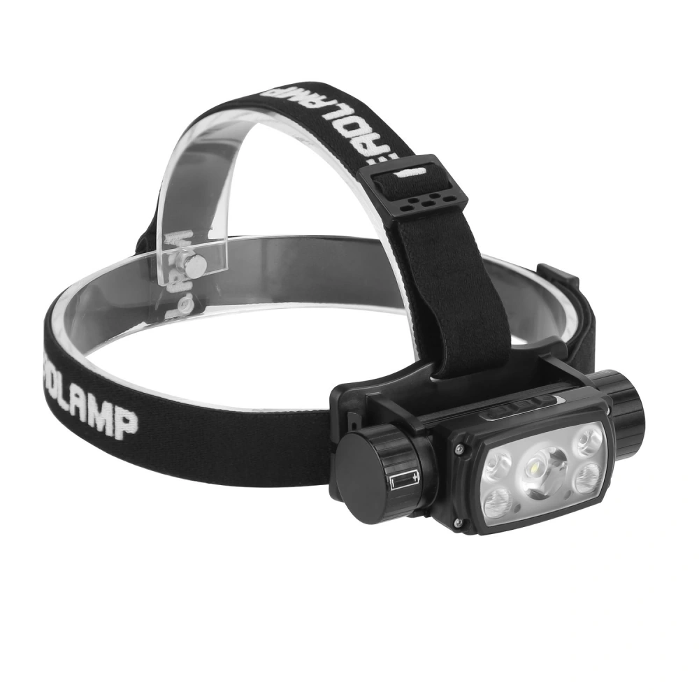 Black LED headlamp with adjustable strap, featuring multiple brightness settings and a compact design for hands-free illumination in outdoor activities.