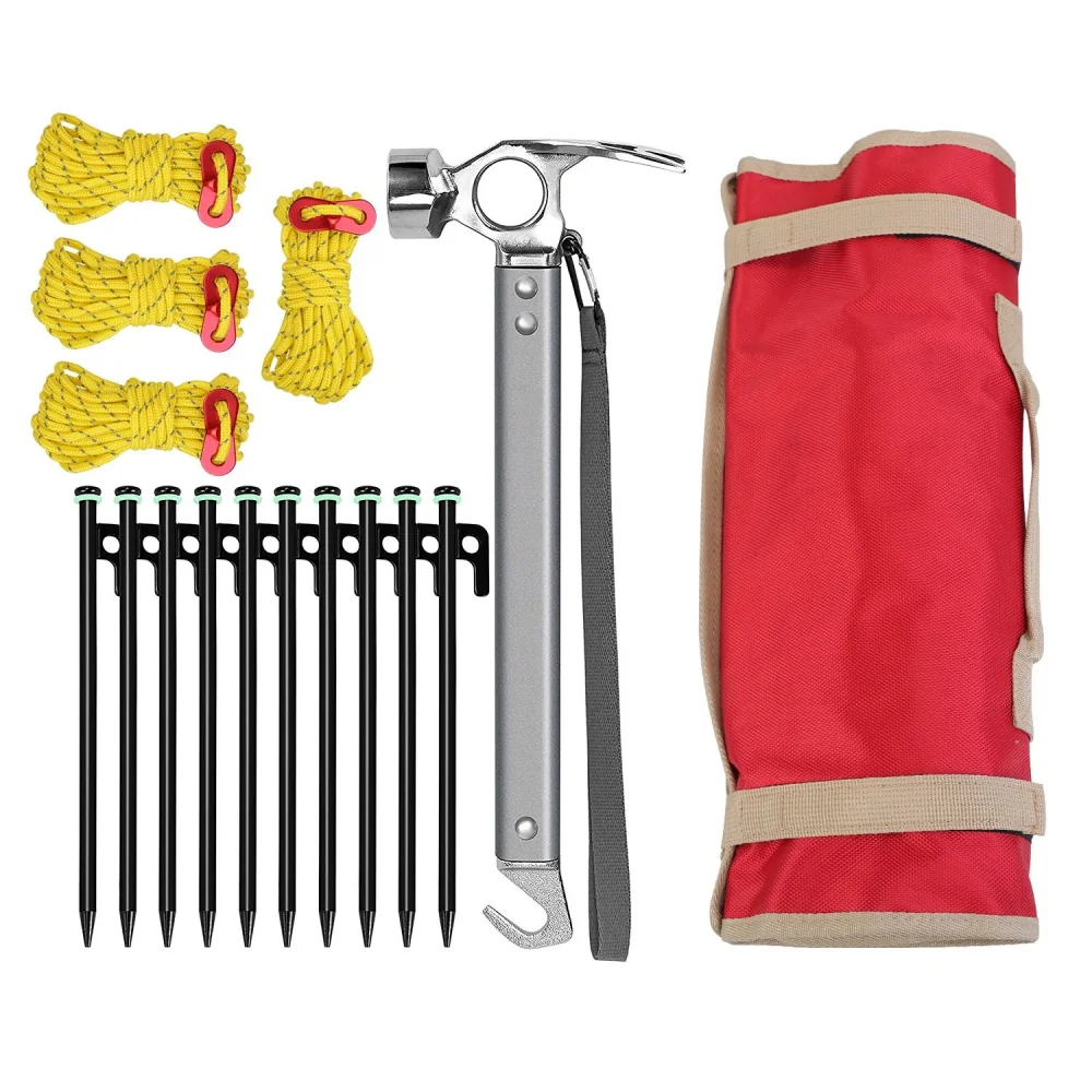 Camping gear set including a hammer, ten black tent stakes, three yellow ropes with clips, and a red carrying bag for easy transportation.