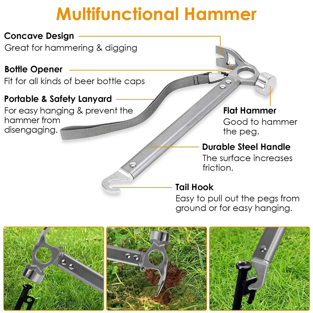 Multifunctional hammer featuring a durable steel handle, flat hammer head, bottle opener, and tail hook for digging, hammering, and peg removal, ideal for outdoor and camping use.