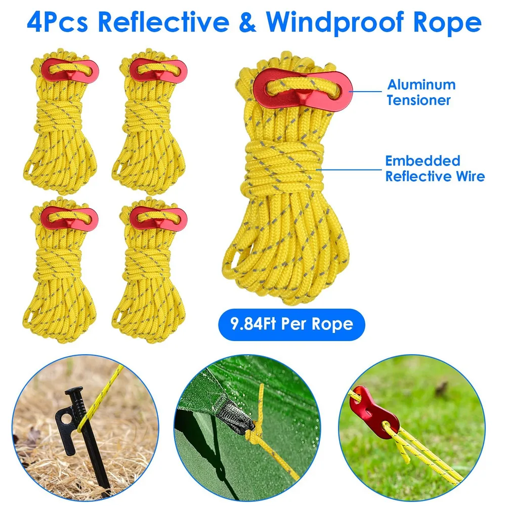 Four-pack of yellow reflective and windproof ropes with aluminum tensioners, each measuring 9.84 feet, displayed with use cases including securing a tent and anchoring to ground stakes.