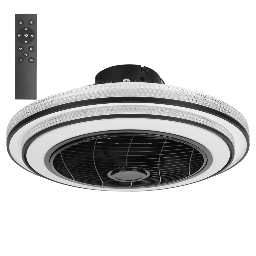 Modern ceiling fan with integrated LED light and remote control, featuring a sleek circular design and black finish