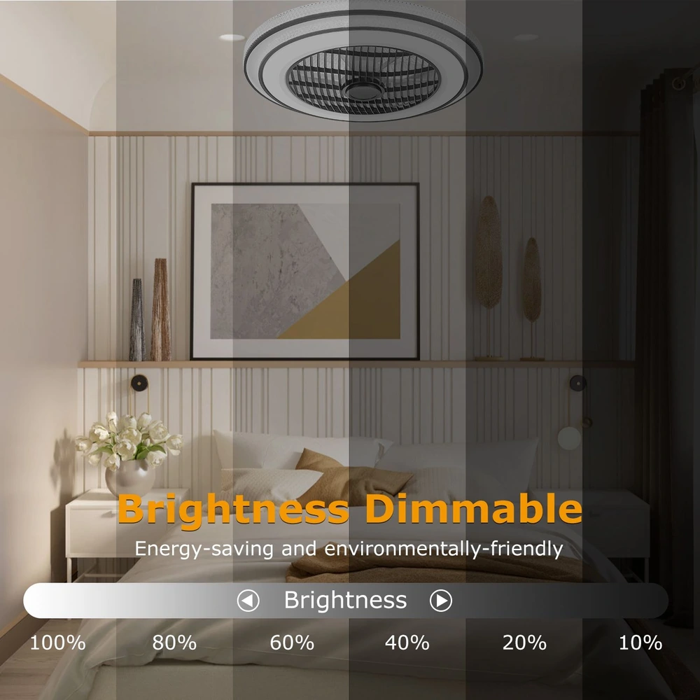 Dimmable ceiling fan light with adjustable brightness settings showcased in a modern bedroom, emphasizing energy-saving and environmentally friendly features.