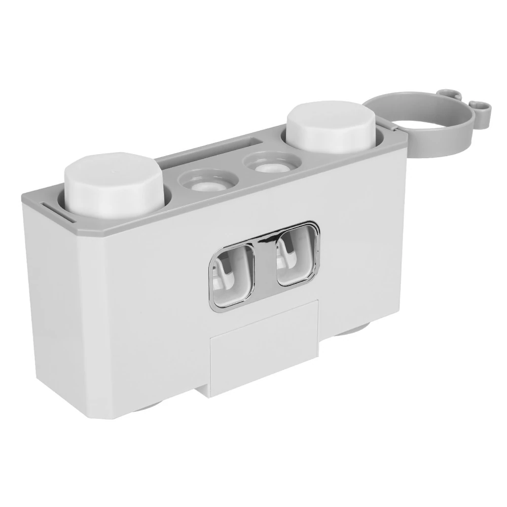 Compact gray dual dispenser with two small white containers, ideal for organizing condiments or liquids, featuring a built-in holder for convenience.