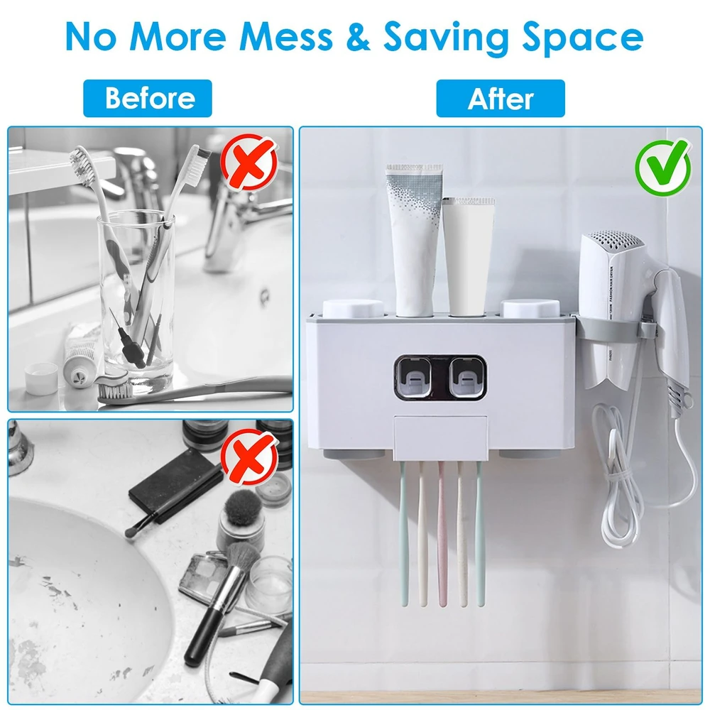 Before and after comparison of a bathroom organization product showing a cluttered sink area filled with toiletries on the left and a sleek wall-mounted storage holder with neatly organized toothbrushes, tubes, and a hairdryer on the right.