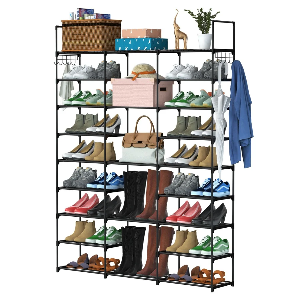 Multi-tier shoe rack organizer displaying various styles of footwear, storage boxes, and accessories, ideal for home organization and maximizing space.