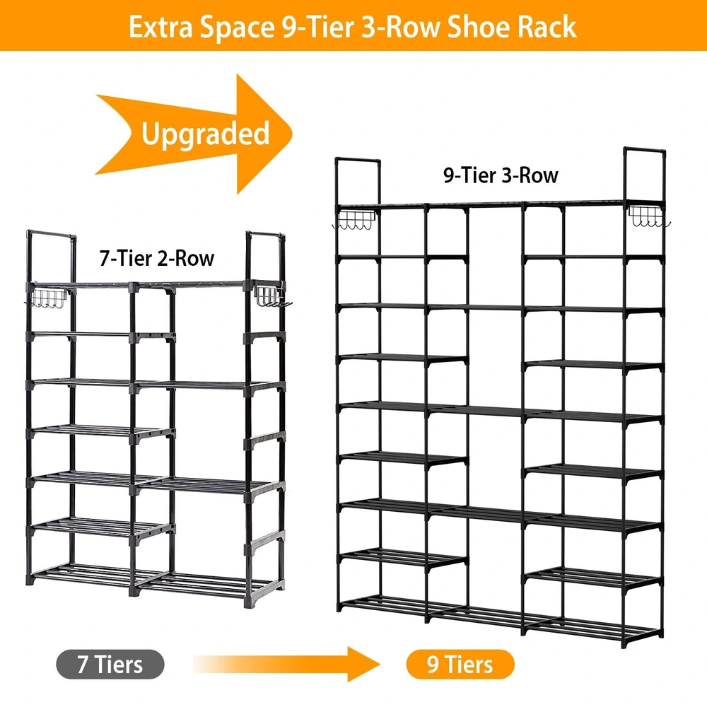 Extra Space 9-Tier 3-Row Shoe Rack comparison image showing upgraded design with side-by-side views of 7-Tier 2-Row and 9-Tier 3-Row configurations in black.