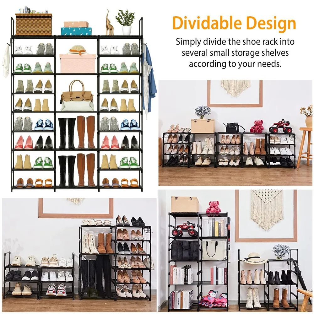 Dividable shoe rack with multiple shelves showcasing various styles of shoes and storage options in an organized layout, ideal for maximizing space and easy access.