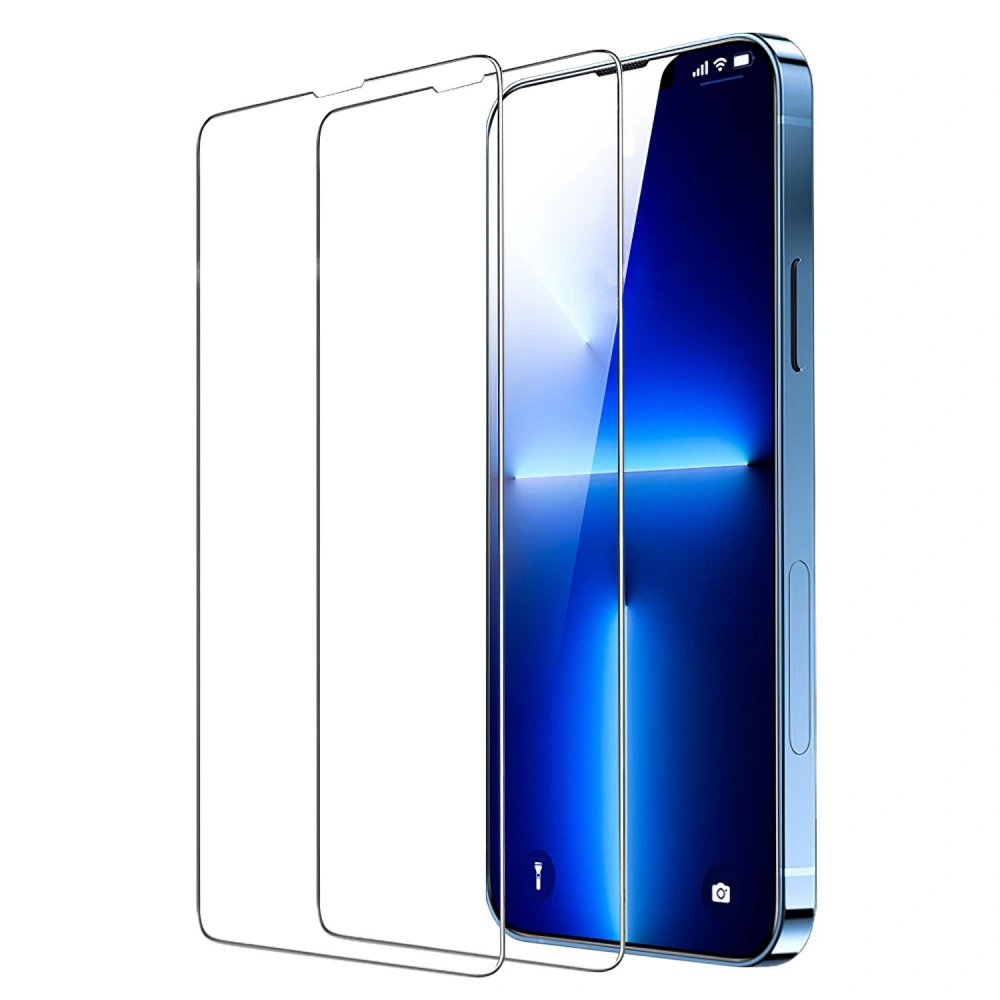 Clear tempered glass screen protectors for smartphones, showcasing three protectors placed over a modern smartphone with a vibrant blue display.