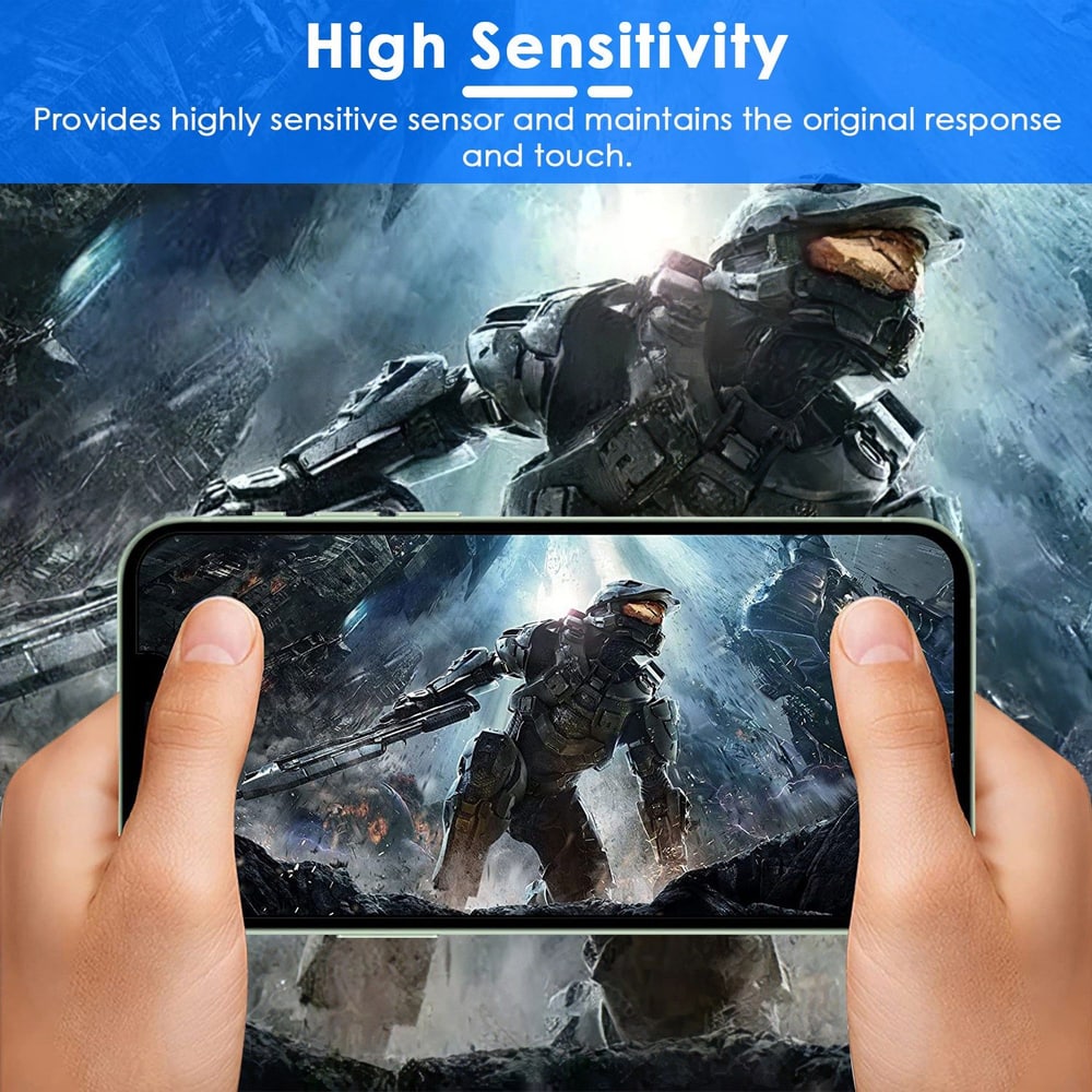 Image of a hand holding a smartphone displaying a high-resolution gaming scene featuring a futuristic soldier in armor, showcasing a highly sensitive touch sensor for gaming accuracy.