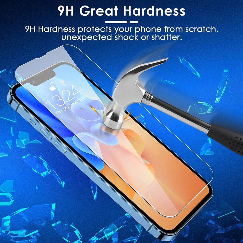 Smartphone screen protector demonstrating 9H hardness with a hammer striking the surface, showcasing its scratch and shatter resistance against unexpected impacts, set against a vibrant blue background.