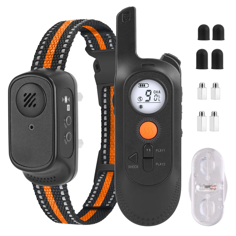 Dog training collar with remote control, featuring a digital display, adjustable settings, and accessories including black silicone caps and charging connectors, designed for effective communication and training.