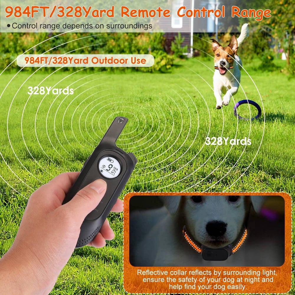 Remote dog training collar system with a 984FT control range, showcasing a person holding the remote and a running dog in a grassy field, highlighting features like outdoor use and reflective collar safety.