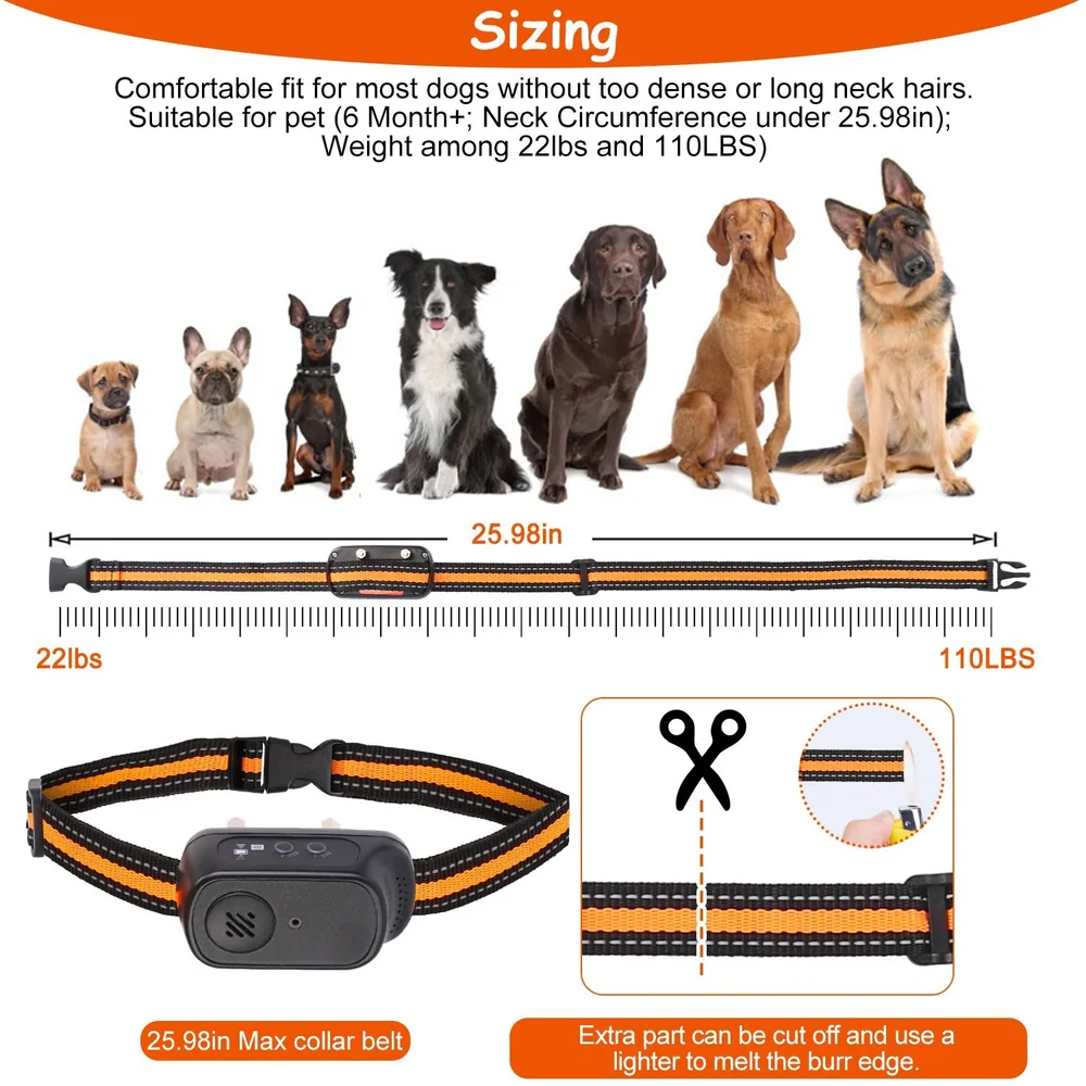 Sizing chart for a adjustable dog collar belt, suitable for pets aged 6 months and older, neck circumference under 25.98 inches, and weights between 22lbs and 110lbs, featuring a comfortable fit and cutting instructions for customization.