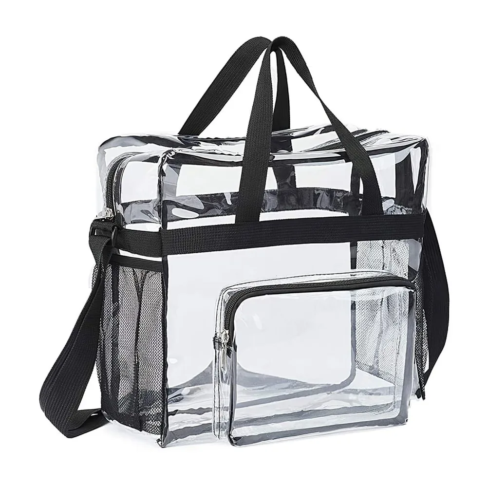 Transparent tote bag with black straps and a zippered front pocket, ideal for sports events and secure storage.