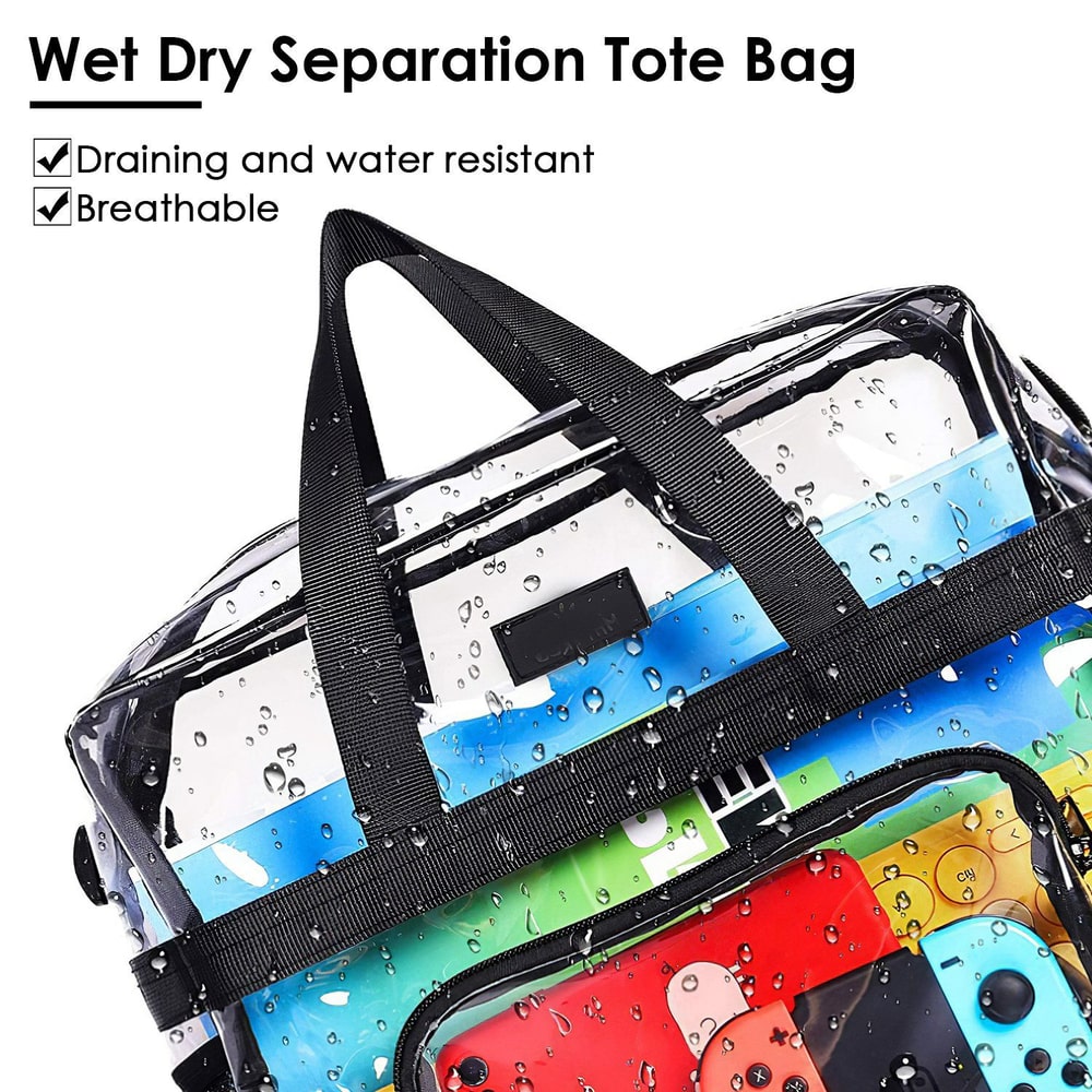 Water-resistant wet dry separation tote bag with colorful design, featuring breathable material and droplets on the surface.
