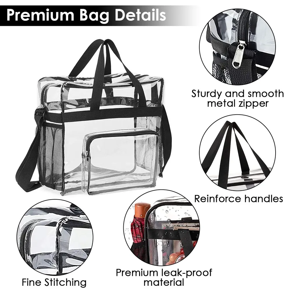 Clear and stylish premium tote bag with a sturdy metal zipper, reinforced handles, and fine stitching, showcasing its leak-proof material and design features.