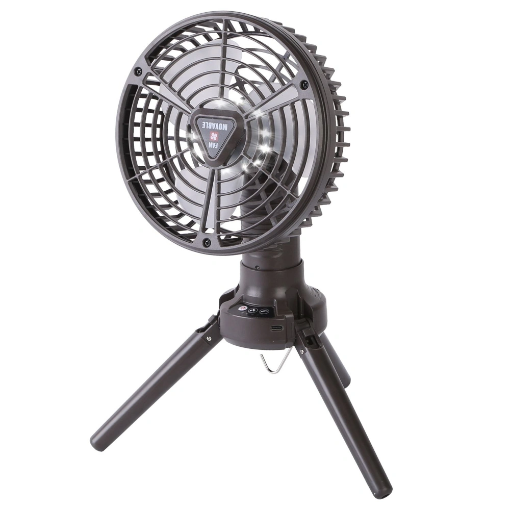 Portable battery-operated fan with adjustable tripod stand and control buttons, ideal for outdoor activities and personal cooling.