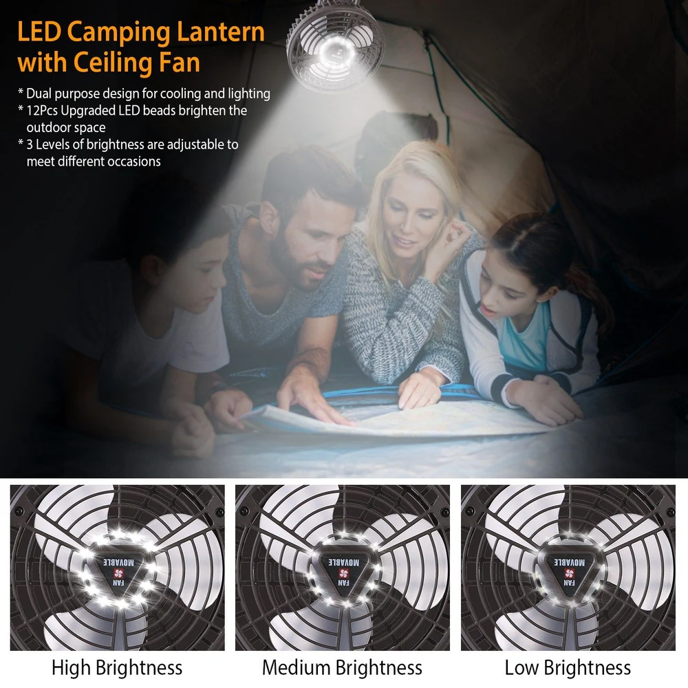 LED camping lantern with ceiling fan, featuring adjustable brightness levels, designed for outdoor cooling and lighting, ideal for camping trips and nighttime activities.