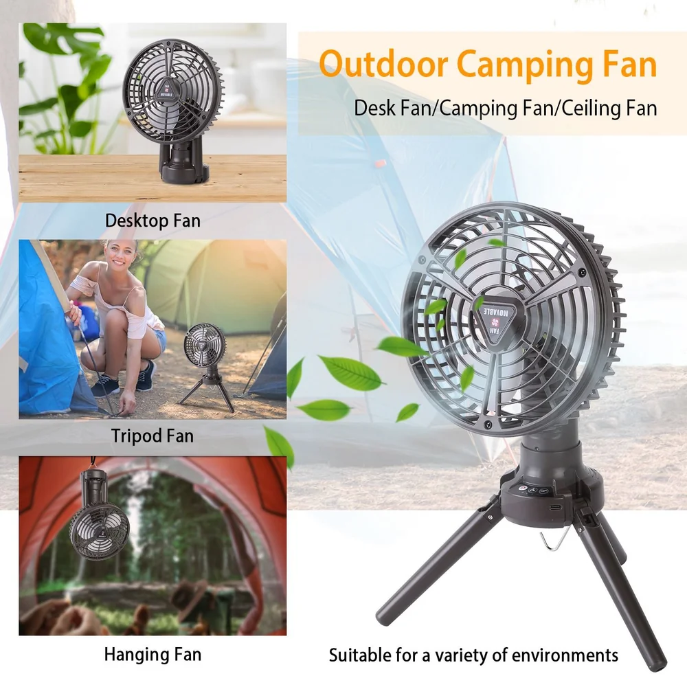 Portable outdoor camping fan with multiple use options: desktop, tripod, and hanging modes, designed for versatile environments.