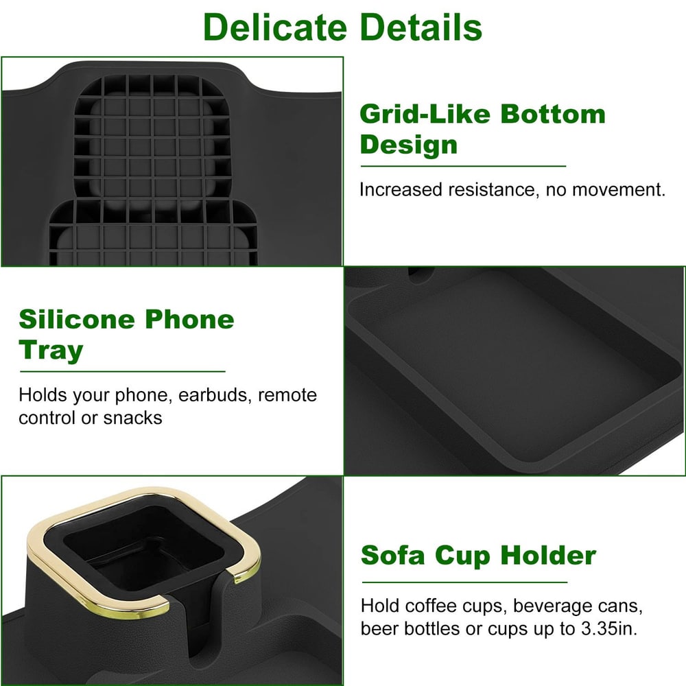 Product image showcasing a multifunctional silicone tray with grid-like bottom design for stability, silicone phone holder, and cup holder accommodating items up to 3.35 inches, perfect for organizing remote controls, snacks, and beverages.