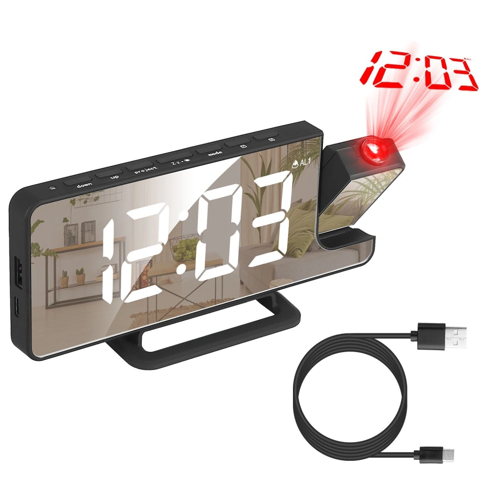 Sleek digital clock with large LED display, time projection feature, and included USB charging cable, set against a stylish home interior backdrop.