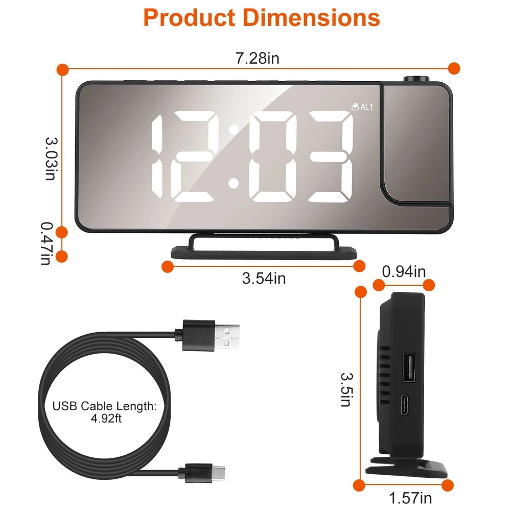 Digital alarm clock with large LED display, USB cable, and shown dimensions of 7.28 x 3.03 x 0.47 inches, designed for easy readability and modern aesthetics.