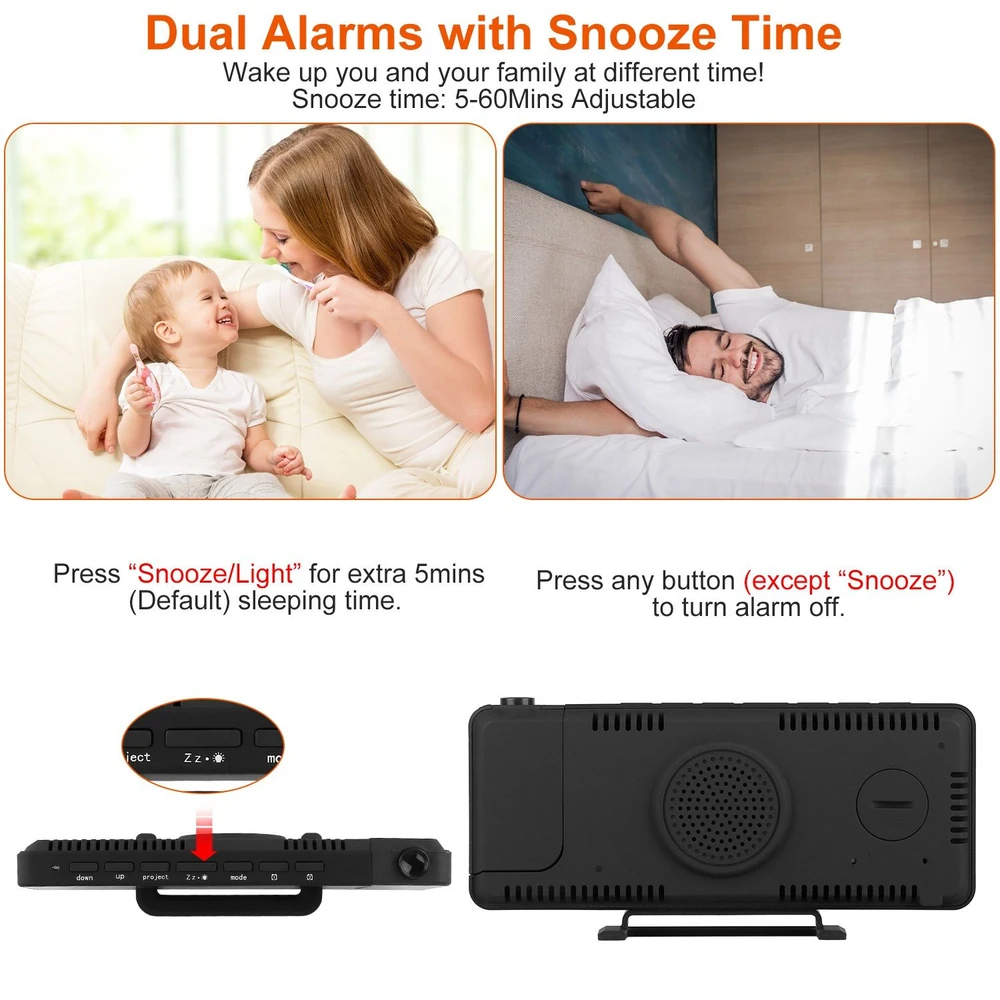 Dual alarm clock with snooze feature, displaying a user interface with buttons for adjustable snooze times, designed for families to wake up at different times.