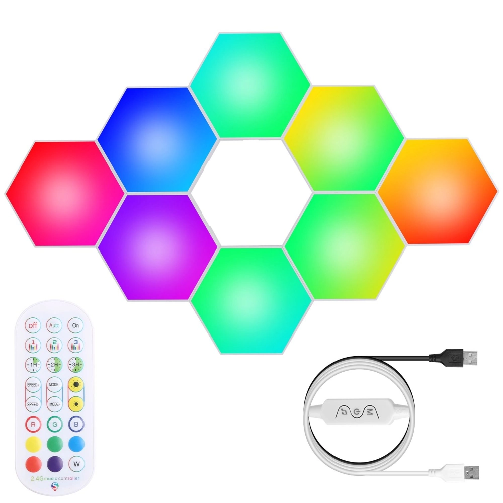 Colorful hexagon-shaped LED light panels with a remote control and USB cable, displaying vibrant shades of blue, green, pink, and yellow for customizable ambient lighting.