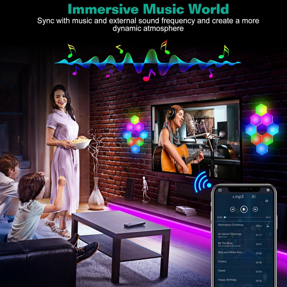 Family enjoying a music synchronization experience at home, featuring colorful LED wall lights, a TV displaying a live performance, and a mobile app for song selection, creating a vibrant entertainment atmosphere.