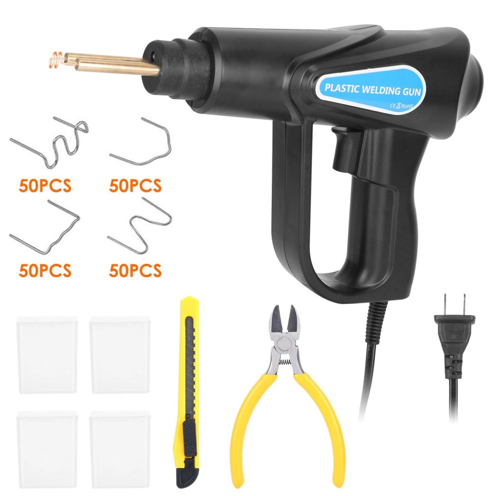 Plastic welding gun set with soldering nozzle, 150 metal staples, utility knife, wire cutters, and four plastic containers for repairs and crafting.