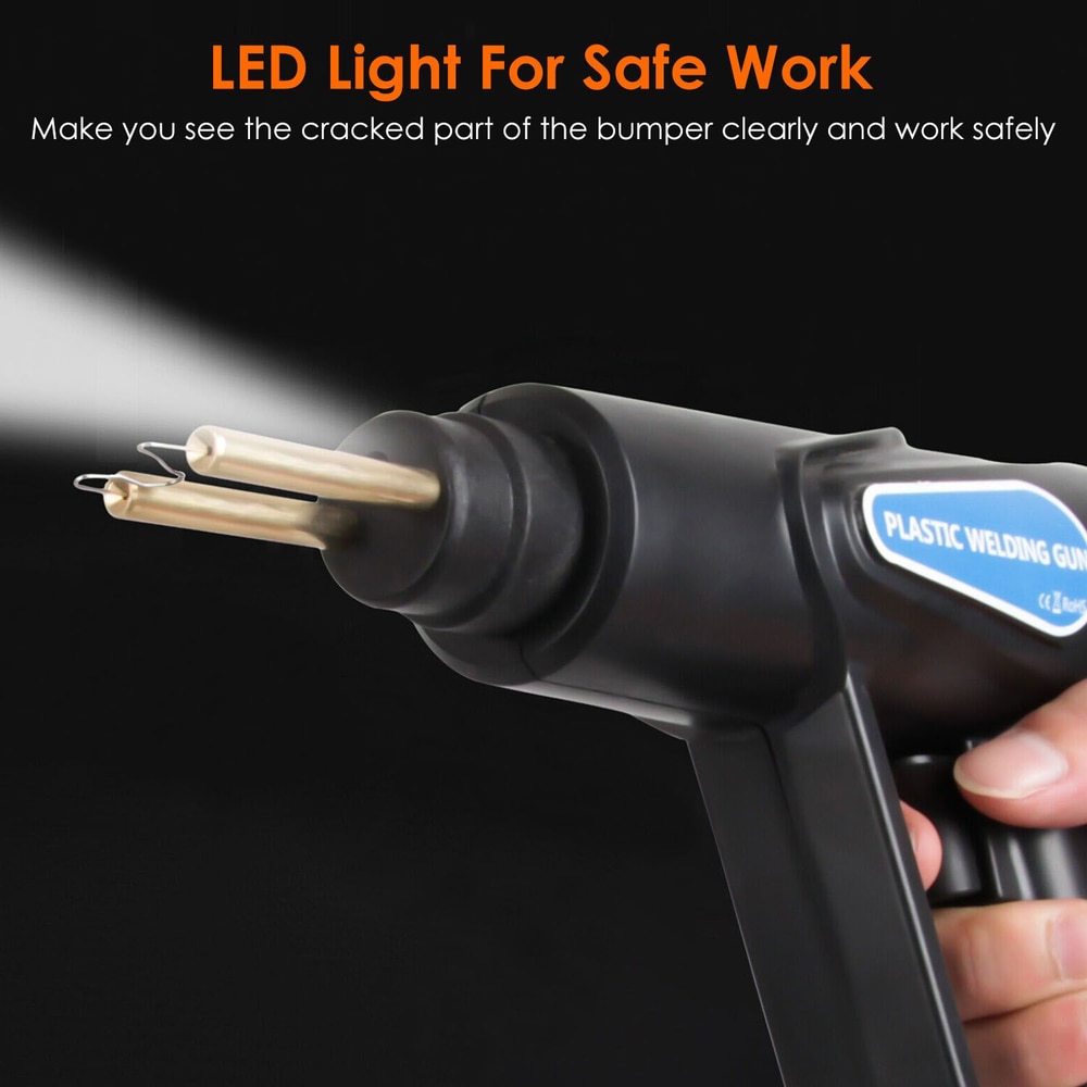 Plastic welding gun with LED light attachment for illuminating cracks in bumpers, enhancing safety and precision during repairs.