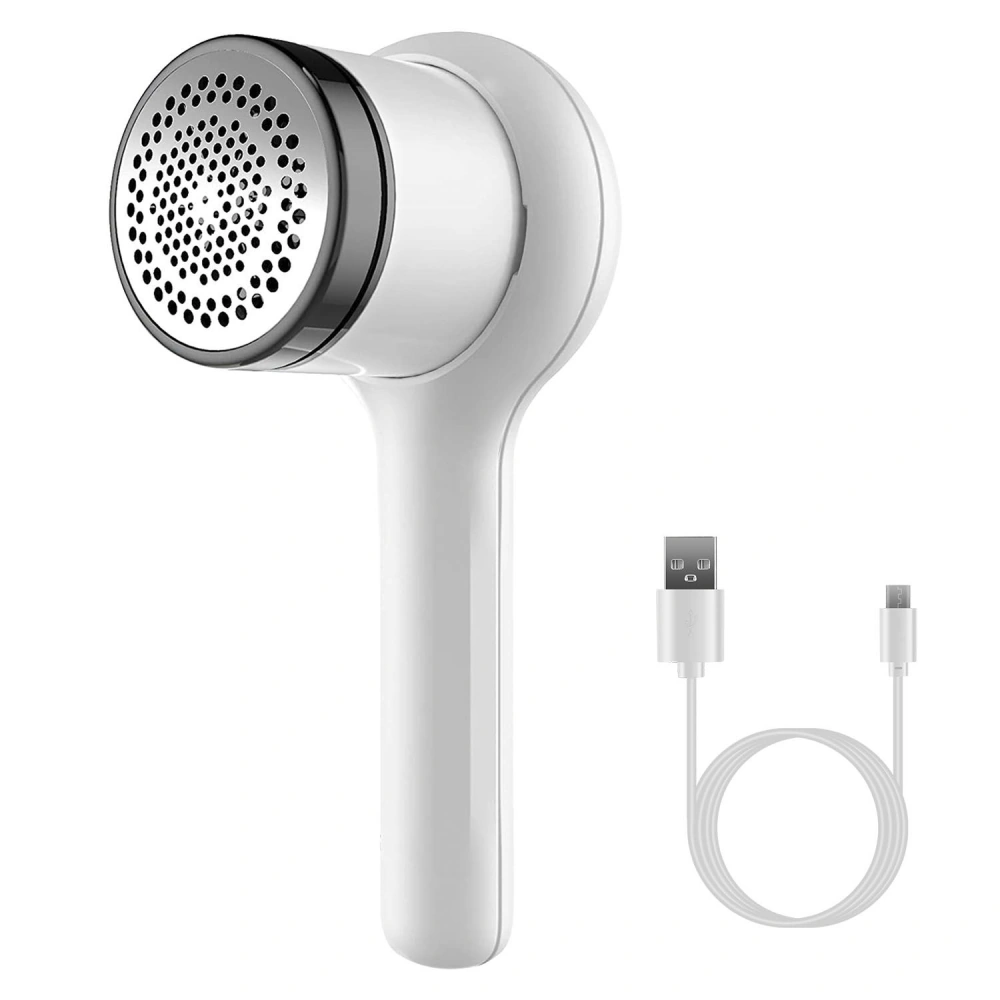 Handheld portable hair dryer with a sleek white body and black accents, accompanied by a USB charging cable.