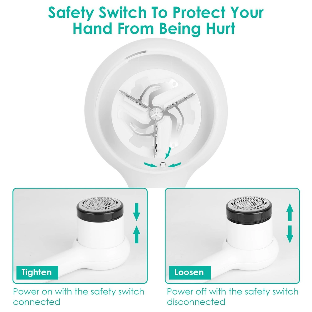 Safety switch diagram for food processor, illustrating power controls for tightening and loosening, with emphasis on hand protection features and user safety instructions.