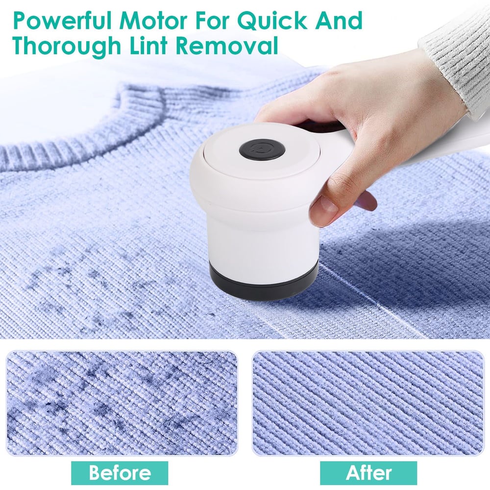 Handheld lint remover in use on a light blue sweater, showcasing effective lint removal with before and after images.