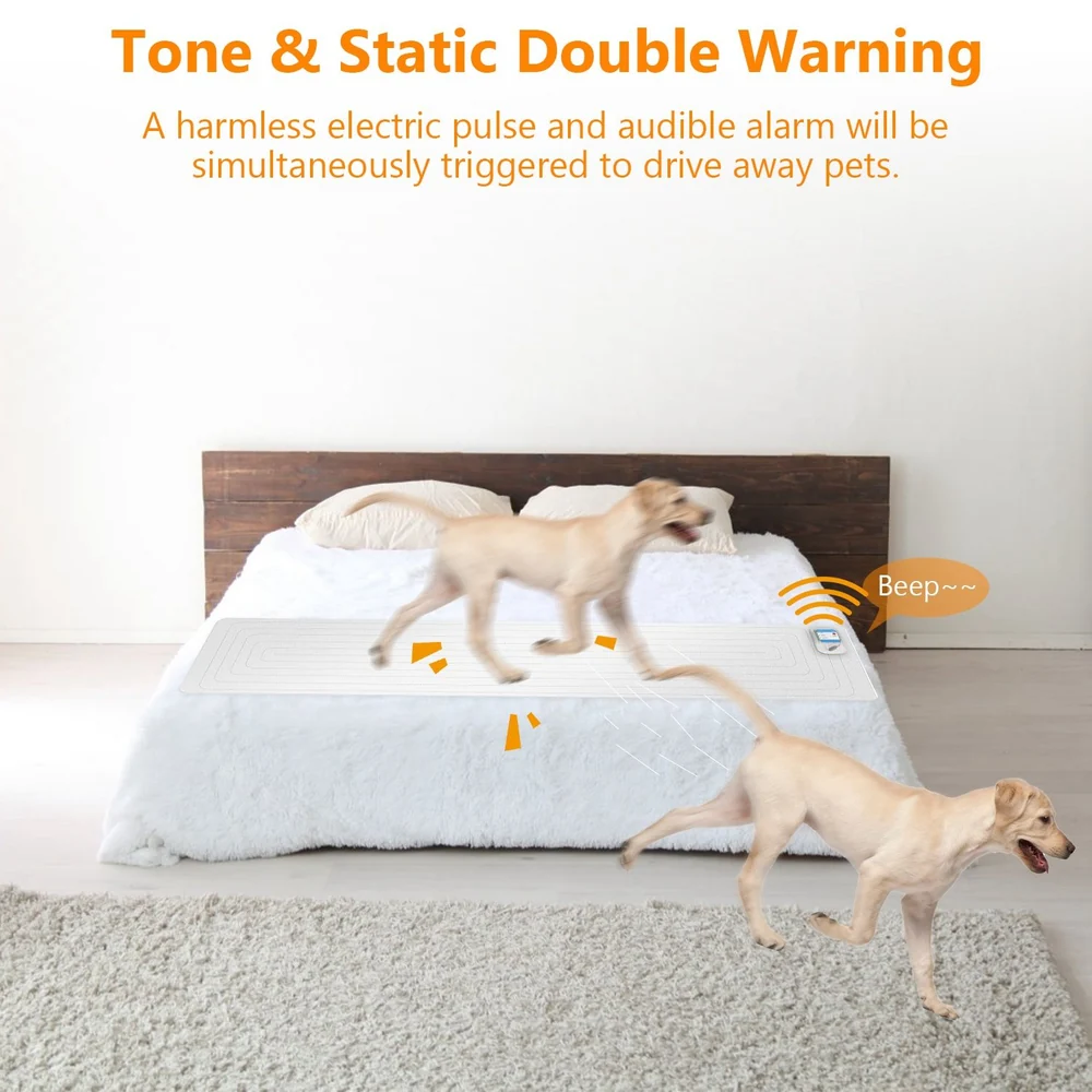 Dog running on a bed with a pet deterrent mat that emits a harmless electric pulse and sound to keep pets off furniture, showcasing a safe and effective solution for pet owners.