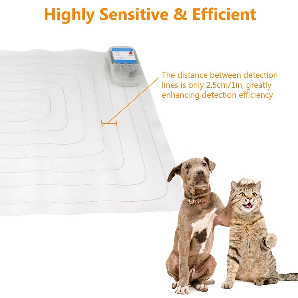 Pet training mat featuring sensitive detection lines, with a playful dog and cat beside it, highlighting effective pet training solutions.