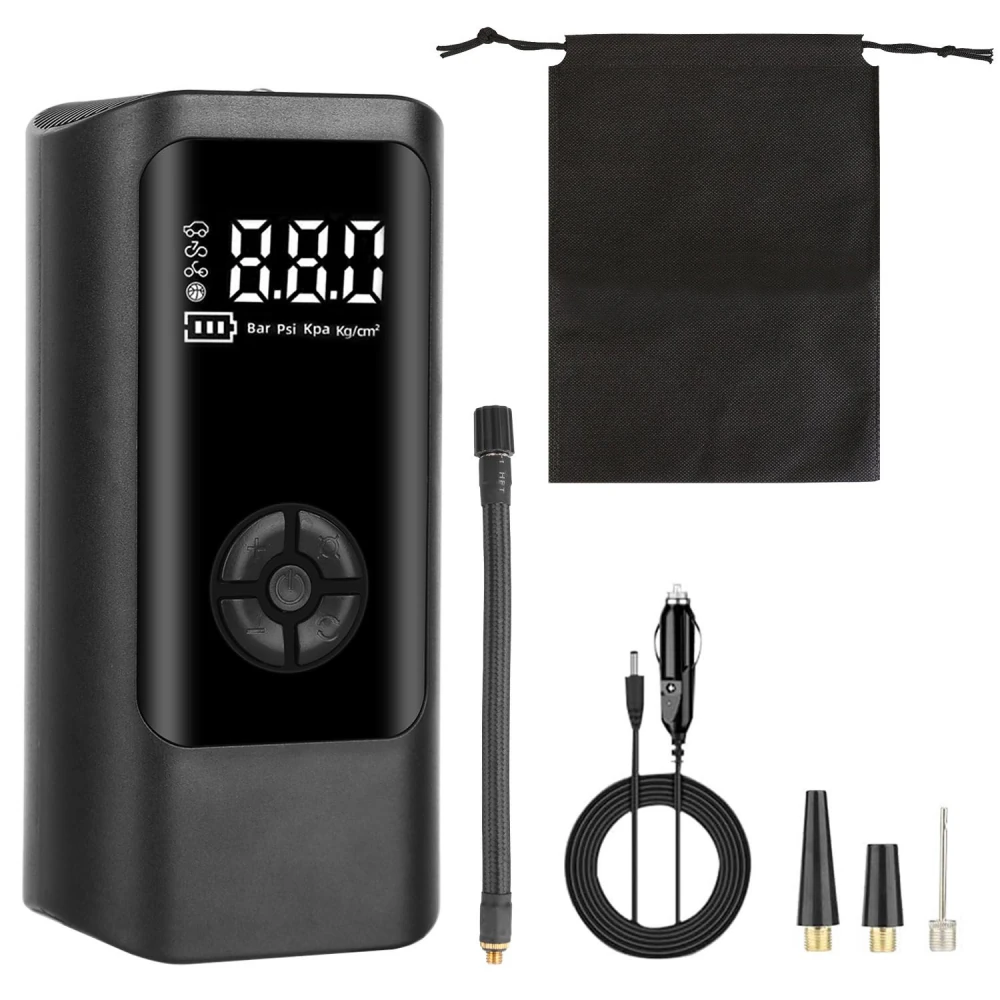 Portable car tire inflator with digital pressure gauge, multiple nozzles, power cable, and storage pouch, ideal for fast and convenient inflation.