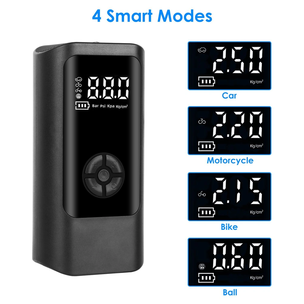 Digital tire inflator with 4 smart modes for car, motorcycle, bike, and ball pressure settings, featuring a clear LED display and easy-to-use interface.