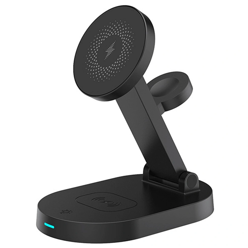 Black adjustable wireless phone charger with an LED indicator and ergonomic design for convenient charging.