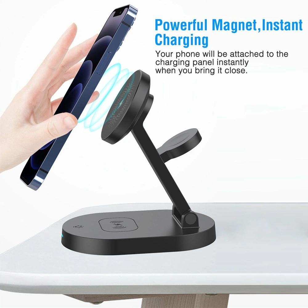 Magnetic wireless phone charger with a powerful magnet, demonstrating instant charging as a smartphone is positioned close to the charging pad.