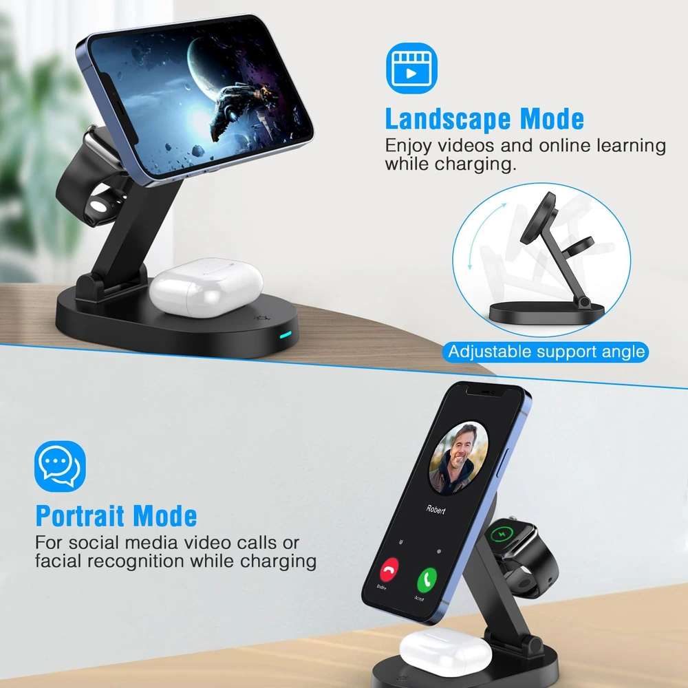 Smartphone stand with adjustable angles for landscape and portrait mode, featuring a charging dock for wireless earbuds, suitable for video calls, online learning, and entertainment.