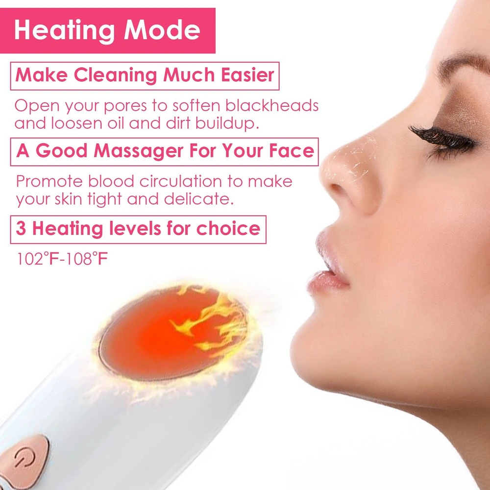 Facial cleansing device featuring a heated tip for blackhead removal, promoting blood circulation with three adjustable heat levels ranging from 102°F to 108°F.