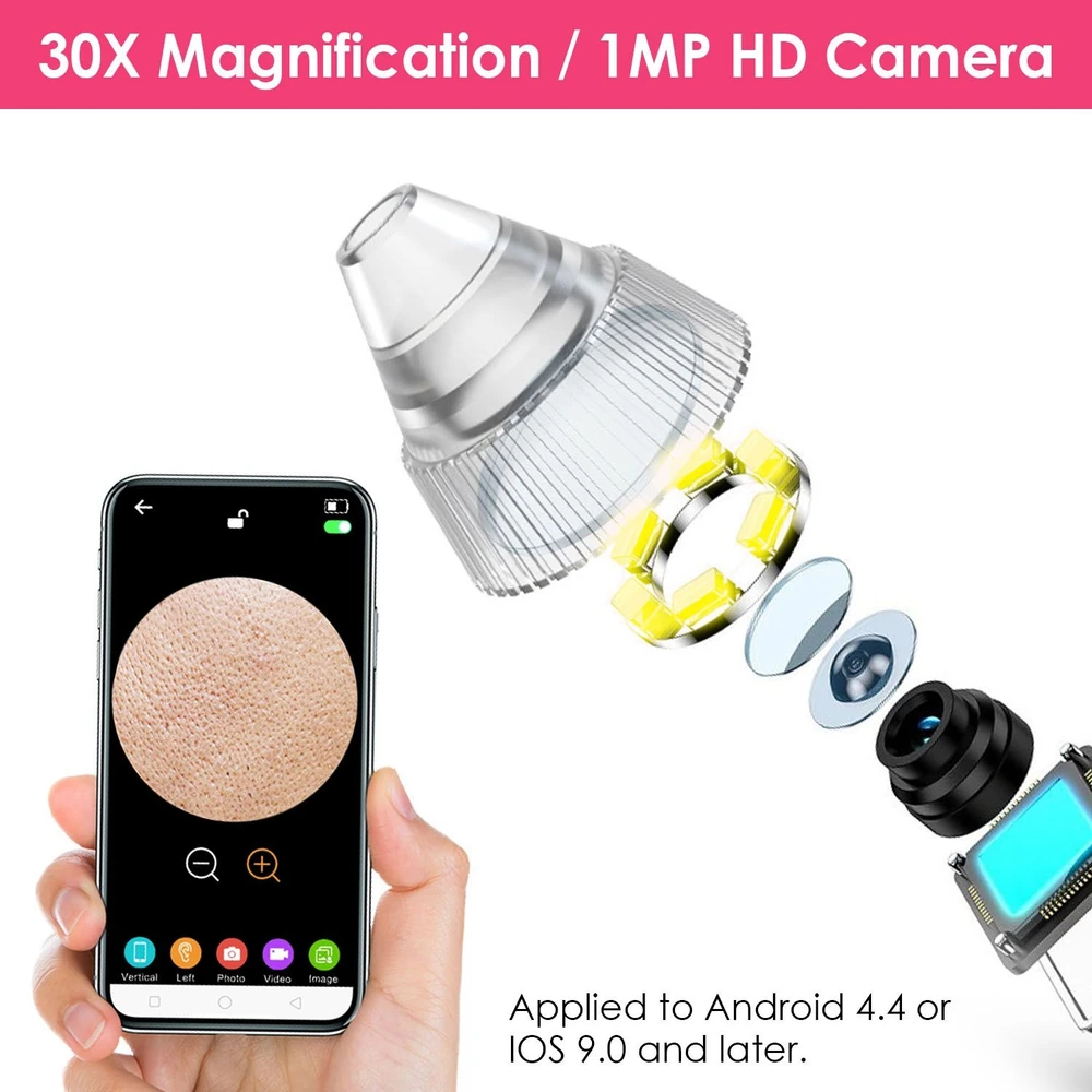 Close-up of a smartphone displaying skin texture under a 30X magnification microscope lens, featuring a 1MP HD camera compatible with Android 4.4 and iOS 9.0 or later.